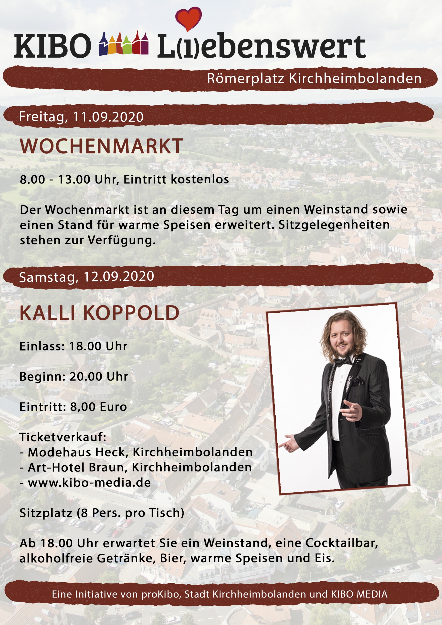 Veranstaltungen Flyer KIBO Liebenswert auf dem Römerplatz in Kirchheimbolanden am 12.09.2020 mit Kalli Koppold präsentiert von proKIBO e.V.