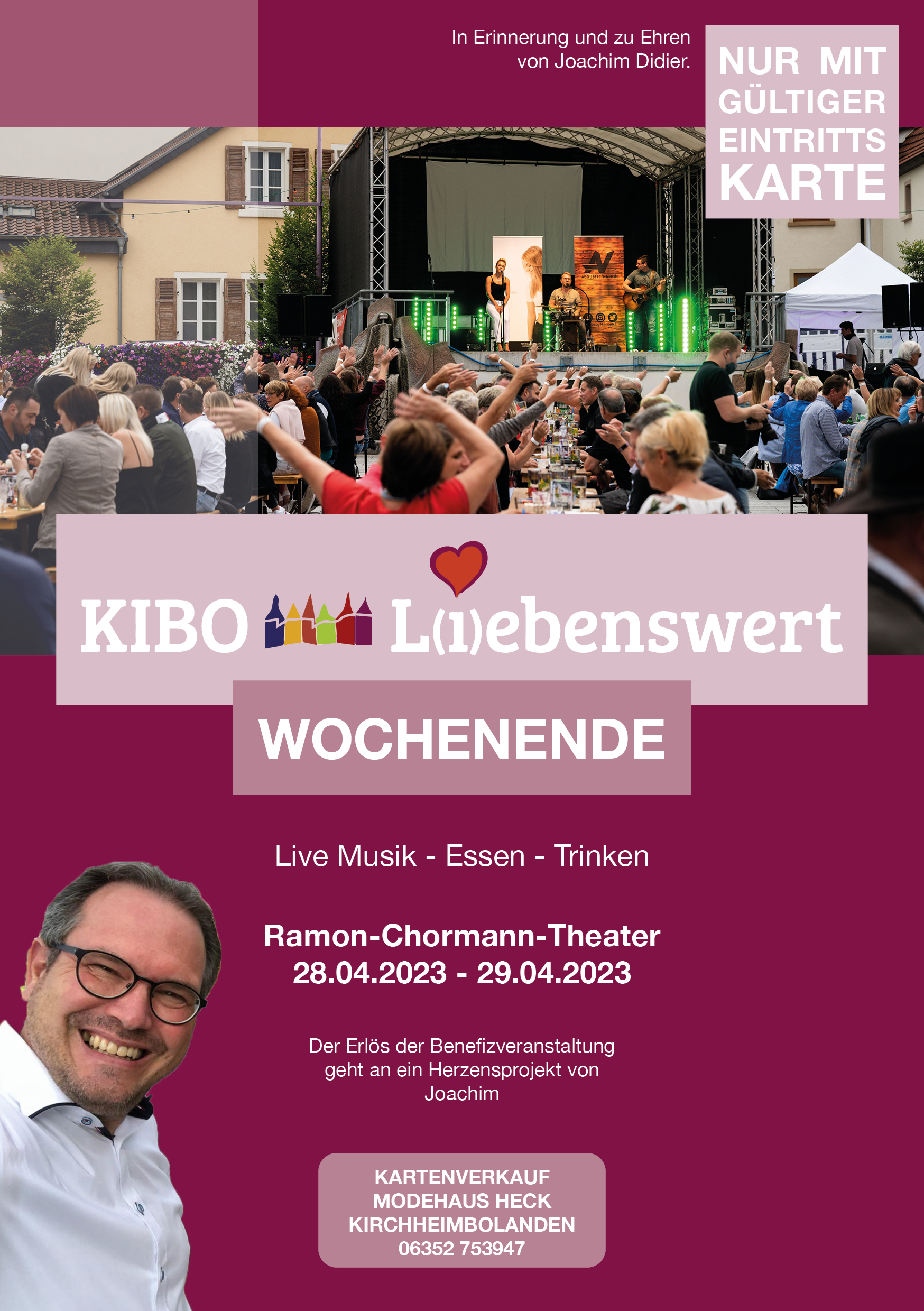 KIBO-Liebenswert Wochenende am 28. und 29.04.2023 im Ramon Chormann Theater in Kirchheimbolanden präsentiert von proKIBO e.V. Flyer vorn